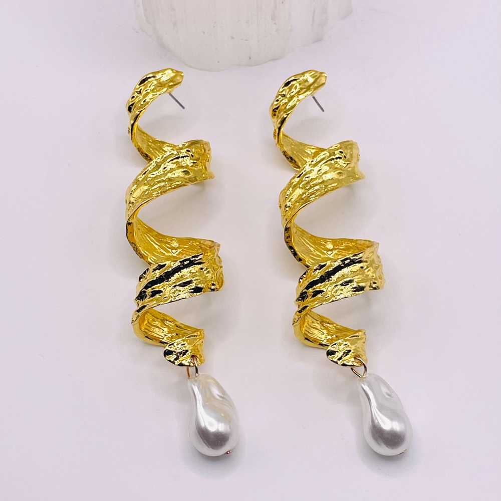 Gold Spiral Pearl Drop Earrings - Picture 3 of 3